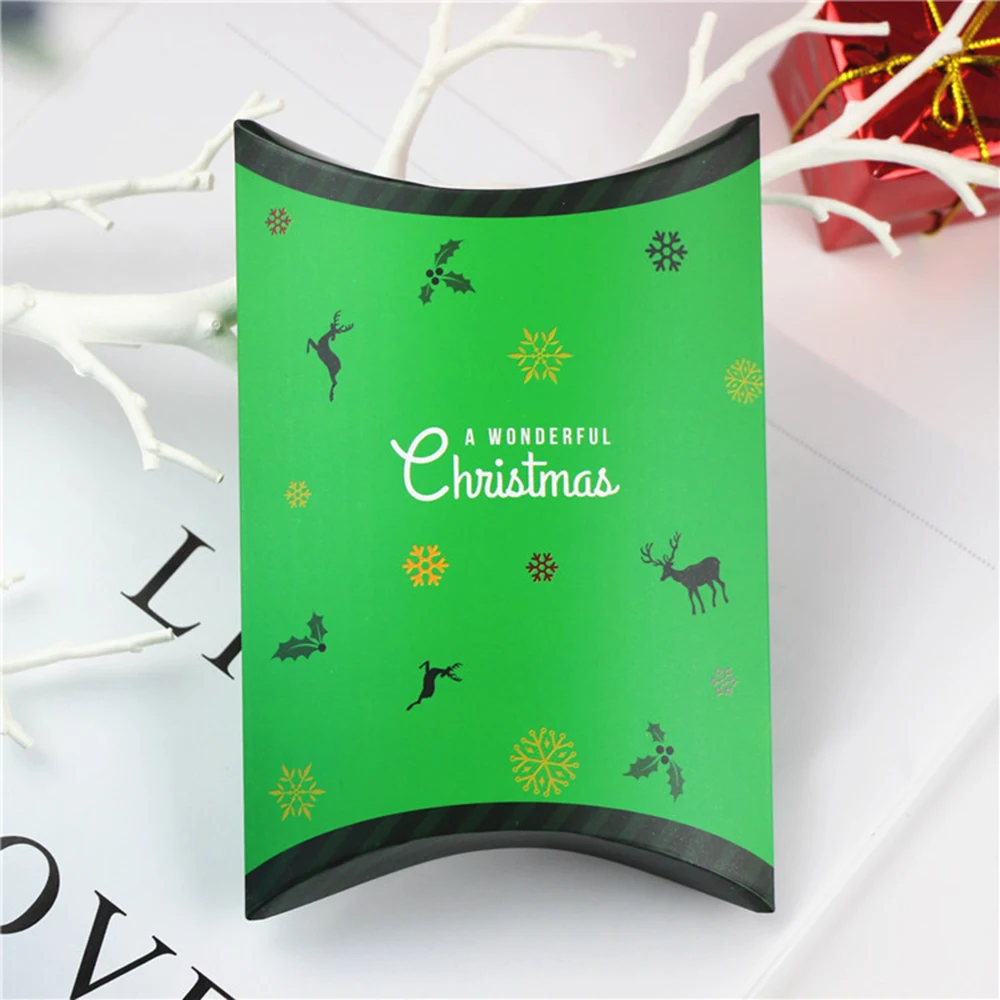10PCS Christmas Candy Gift Box Pillow Box Santa Elk Cookie Box Origami Baking Packaging Holiday Theme Box Holiday Decoration