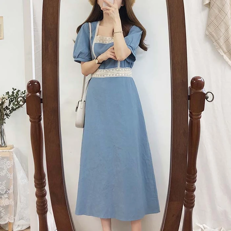 Женское винтажное платье макси из хлопка и льна однотонное средней длины с