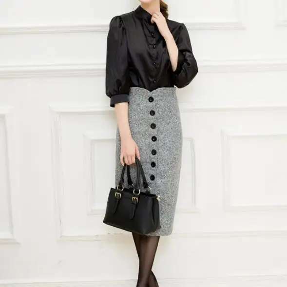 Для женщин Высокая талия по колено карандаш saia женский шерстяной однобортный