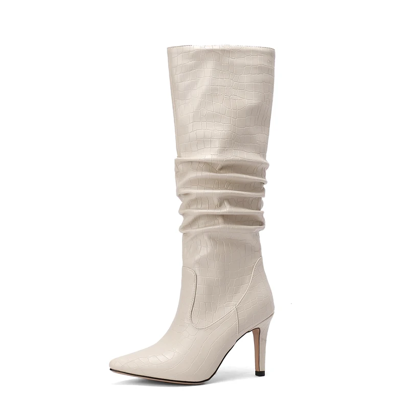 

Size 34-43 9cm Thin Heel Women Knee Boots Sexy Female Pattern High Heels Lady Black Brown Wine Red Beige Pointed Toe Woman Boot