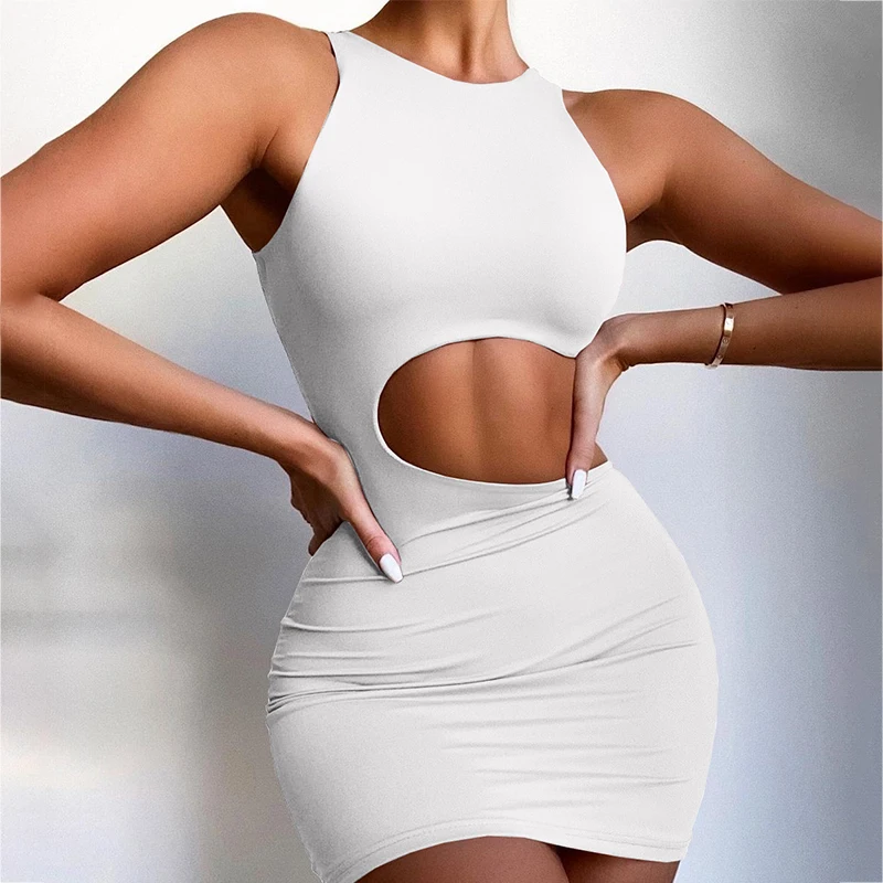 

Personality Elegant Sleeveless Dress Hollow Out Waist Vestidos Mujer Lace Up Mini Bodycon Dress 2021 Summer Sexy Solid Sukienka