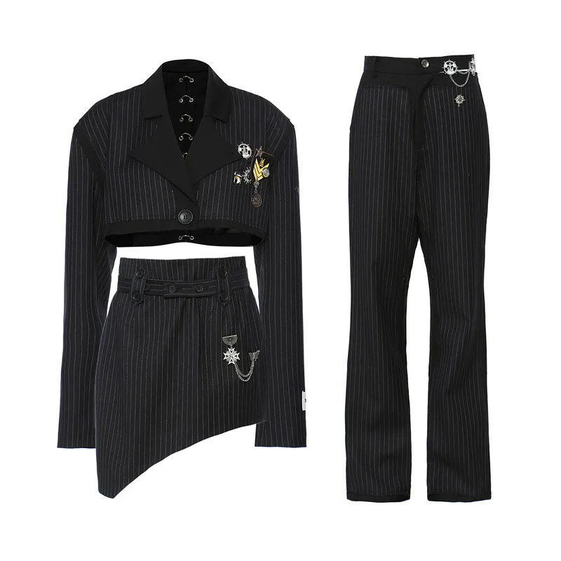 

SeeBeautiful Three Pieces Striped Spliced Notched Long Sleeve Coat Irregular Skirt Pants Women Spring 2022 New Fashion G520