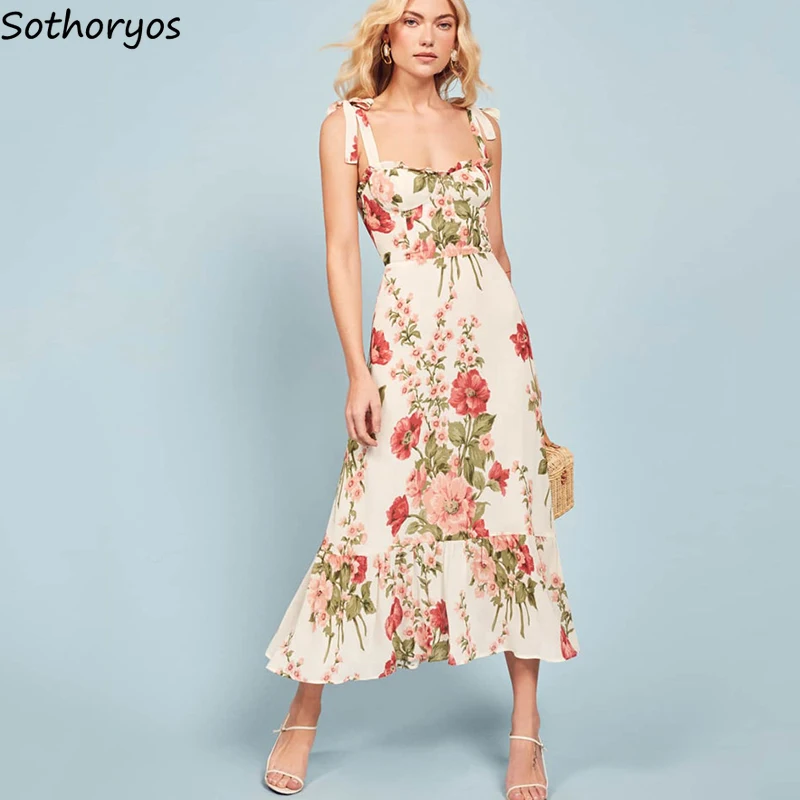 

Женское платье без рукавов, милое цветочное длинное платье до середины икры с вырезом лодочкой, летние классические элегантные текстурные ...