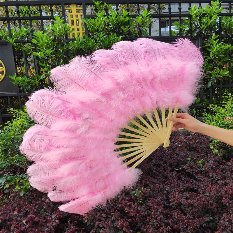 

Beautiful 15 Bones High Quality Pink Big Ostrich Feather Fan Dance Party Wedding Props Performance Handheld Plumes Fan