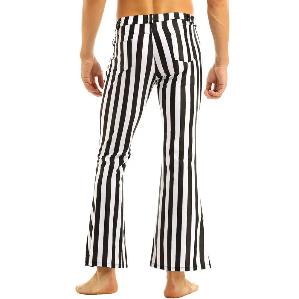 iiniim Mens 60's 70's Retro Vintage Mid Waist Striped Stretch Bell Bottom Super Flares Long Pants Casual Trousers Sexy Panties