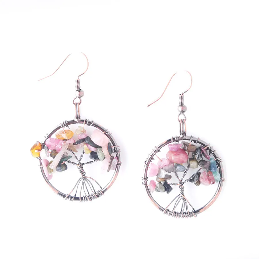 

Natural Tourmalines Chip Stone Tree of Life Jewelry Sets Copper Wire Wrap Round Pendants Necklace Earrings Women PQ8018