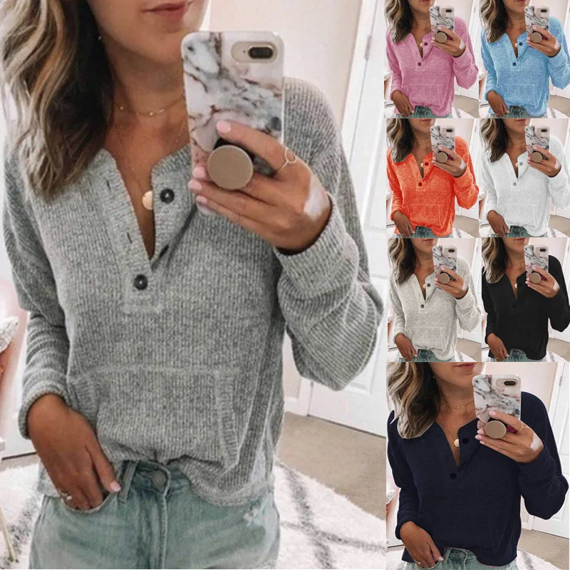 Женская осенне-зимняя футболка с V-образным вырезом на пуговицах | одежда