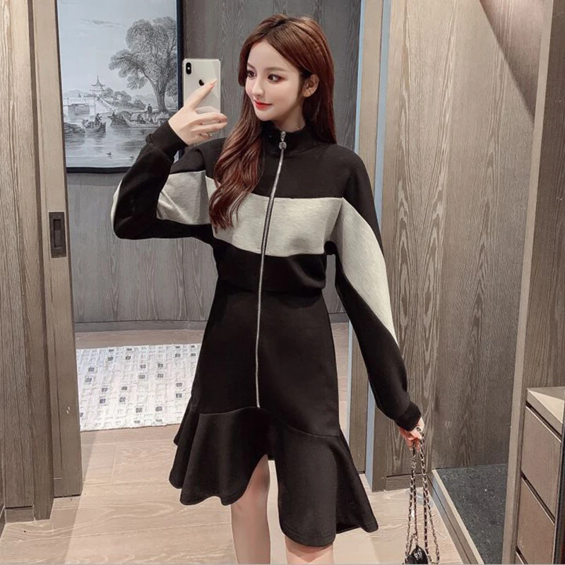 

Spring Autumn Women's Dress Korean Style Zipper Stitching Contrast Color Fishtail Dress New Loose Waist Short Dresses LL925