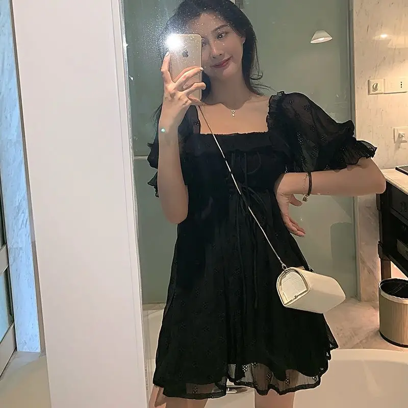 

Evening Party Gothic Dress Puff Sleeve Casual Black Dress Women Square Collar Elegant Dress For Females Korean Style 2021 Summer