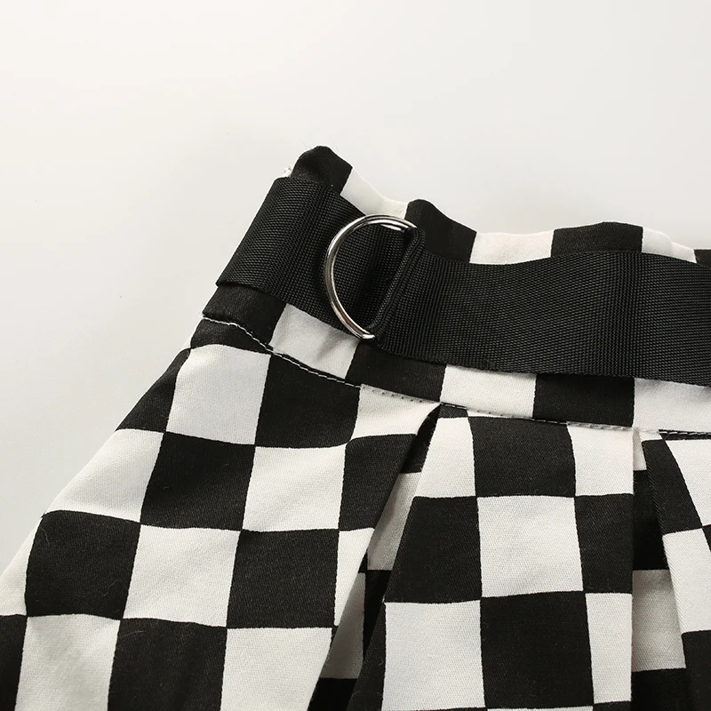 

Checkerboard Pleated Skirt Mini High Waist Preppy Style Casual Fashion Patchwork Belt Side Split Skirts Women Woven