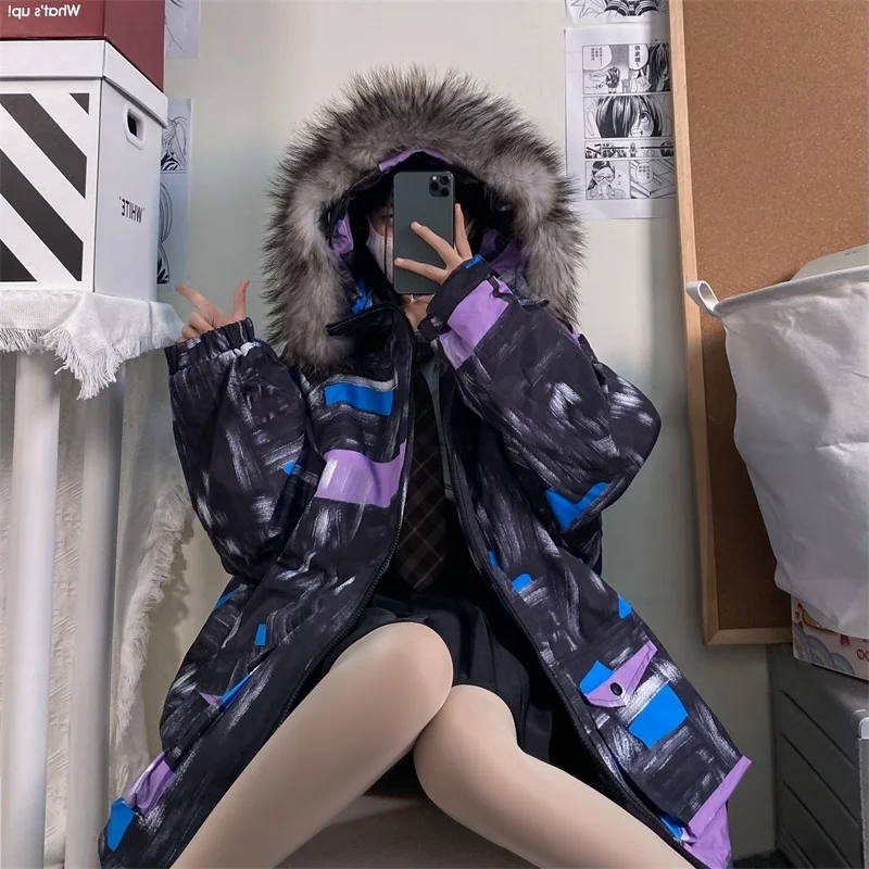 Куртка-пуховик с абстрактным принтом для пары зимняя стеганая одежда