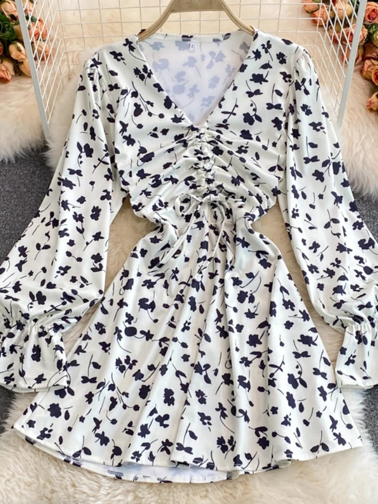 

YIZZHOY New Casual Summer Puff Sleeve Chiffon Pullover Floral Print Mid-Calf Women Dresses A Line V Neck Full Lady Dress