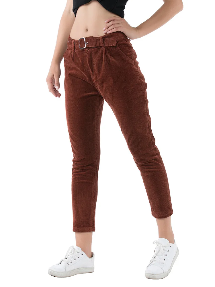 

Corduroy Pants Women Trousers Brown with Waist Belt Harem Casual Harajuku Pants Casual Ankle-Length Pants