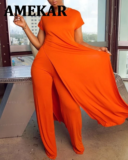 

Women Chic Two Piece Suits Solid Casual Short Sleeve Shirt and Wide Leg Pants Set