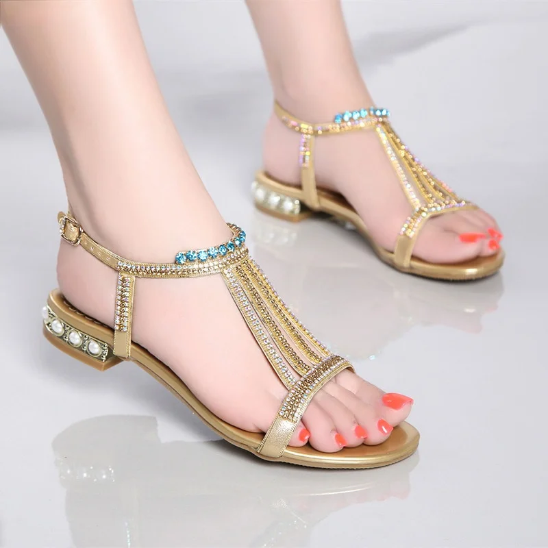 

New women sandals thick heel inlaid with diamond leather women's sandals sexy open toe high heel women's beach shoes