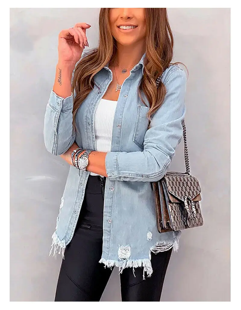 Autumn Women Ladies Ripped Button Oversized Denim Jacket Jeans Coat Boyfriends Overcoat Slim Blazer Vintage Washed Plus Size | Женская