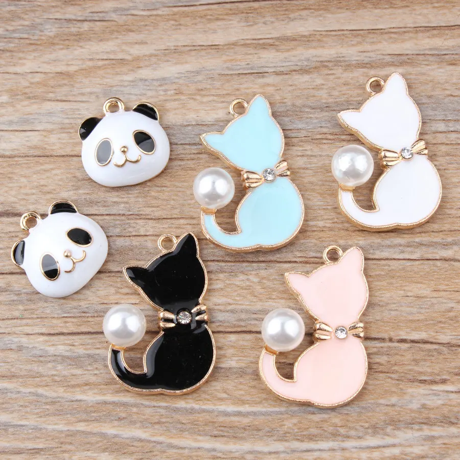 10pcs/Set Simple Drop Oil Alloy Pendant DIY Handmade Panda Pearl Kitten Bracelet Accessories Charms for Jewelry Making | Украшения и
