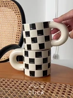 ins hot hand painting check pattern coffee mugs ceramic creative design handle milk water juice cup for office and home