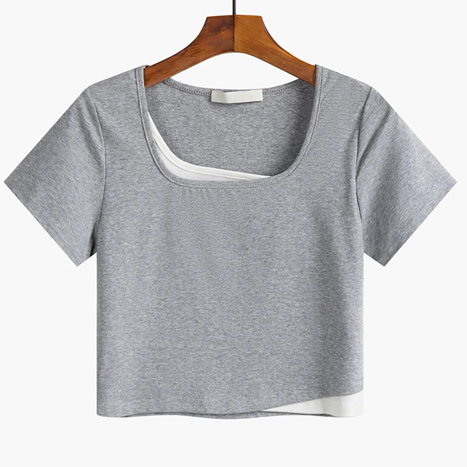 

Женская тонкая обтягивающая футболка с короткими рукавами и укороченные топы с фальш-вставкой, сексуальная блуза с прямоугольным воротник...