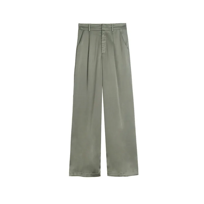 

Chohill Summer Women Trousers Silk Satin Solid Color Length Section Loose Straight Leg Pants Thin Wide Leg Pants