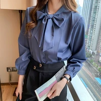 new bow white blouse women 2022 button office lady long sleeve blue chiffon shirt autumn tops woman clothes pocket womens shirts