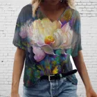 Женская футболка с V-образным вырезом, коротким рукавом и 3d рисунком лотоса