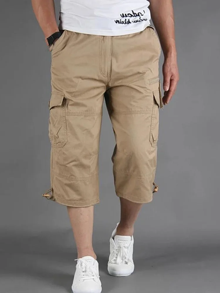 Knee Length Cargo Shorts Men's Summer Casual Cotton Multi Pockets Breeches Cropped Short Trousers Military Camouflage Shorts