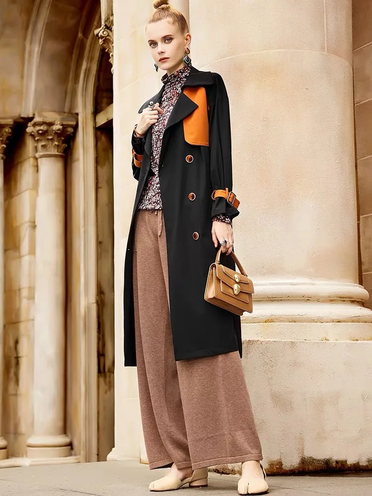 

Autumn Trench Coat Women Casual Medium Length Contrast Windbreaker Lapel Long Sleeve Double Breasted Placket Belt Decoration