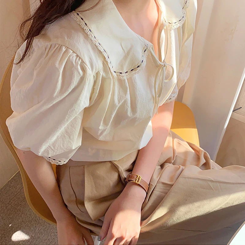 Женская Однотонная рубашка с воротником Питер Пэн и буффами на рукавах | одежда