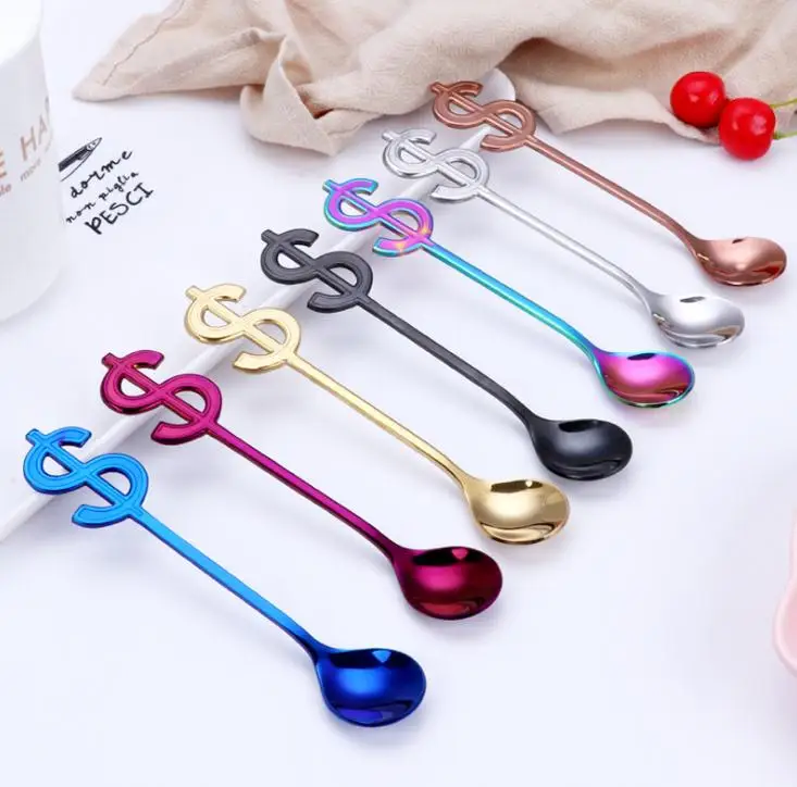 

Colorful Dollar Spoons $ Sign Handle Spoon Food Grade 304 Stainless Steel Tea Coffee Spoon Ice Cream Drinking Tools Wholesale
