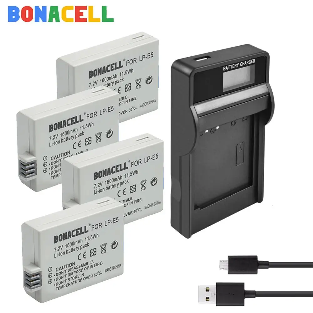 Bonacell 1600 мАч LP E5 аккумулятор + ЖК зарядное устройство для камеры Canon Rebel XS XSi 450D 500D 1000D
