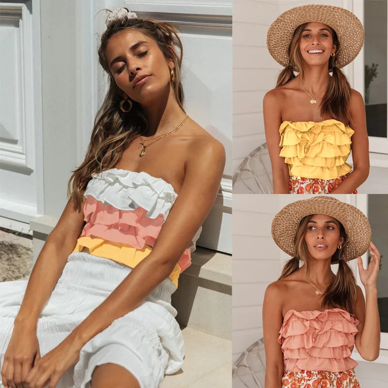 

Топ женский пляжный с оборками, модная базовая майка без рукавов, с бантом на спине, для отдыха на каждый день, лето