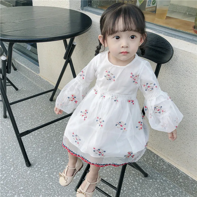 

White Flower Birthday Party Short Girl Dress Cotton Tulle Korean Cute Autumn Girl Dress Princess Robe Enfant Chidlren BW50DR