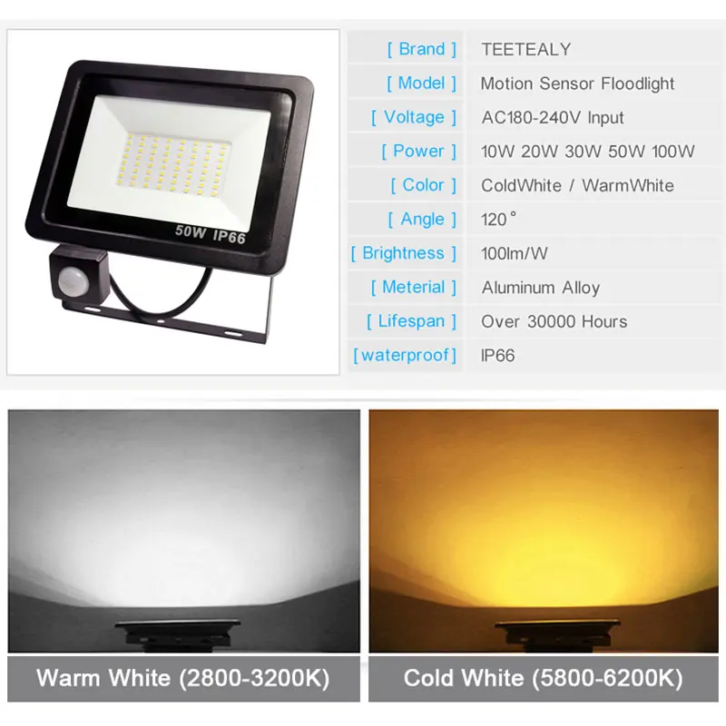 10W 20W 30W 50W 100W Светодиодный прожектор светильник с регулируемой PIR Сенсор SMD 2835 потолочные светильник уличный светильник ing для улицы, площади