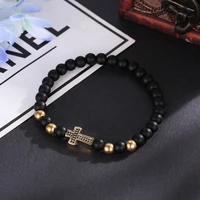 hot 4 style matte black bracelet 6mm stone beaded bracelet pave cz cross for men and women friend gift charm strand jewelry 2021