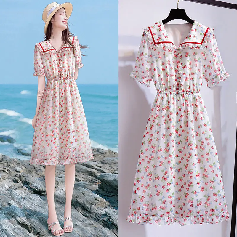 

HOUZHOU Summer Dress Woman Strawberry Chiffon Maxi Dress Sweet Ladies Fairycore Elegant Vintage Sundress Korean Fashion 2021