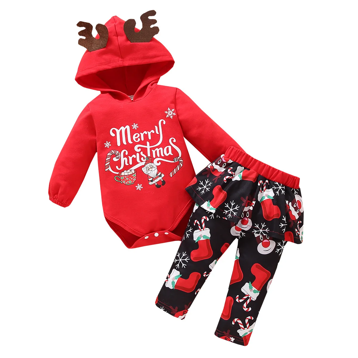 

Newborn Christmas Outfits Baby Girl Clothing Sets Merry Christmas Deer Ear Clothes Set Hooded Bodysuits Santa Claus Skirts Pants