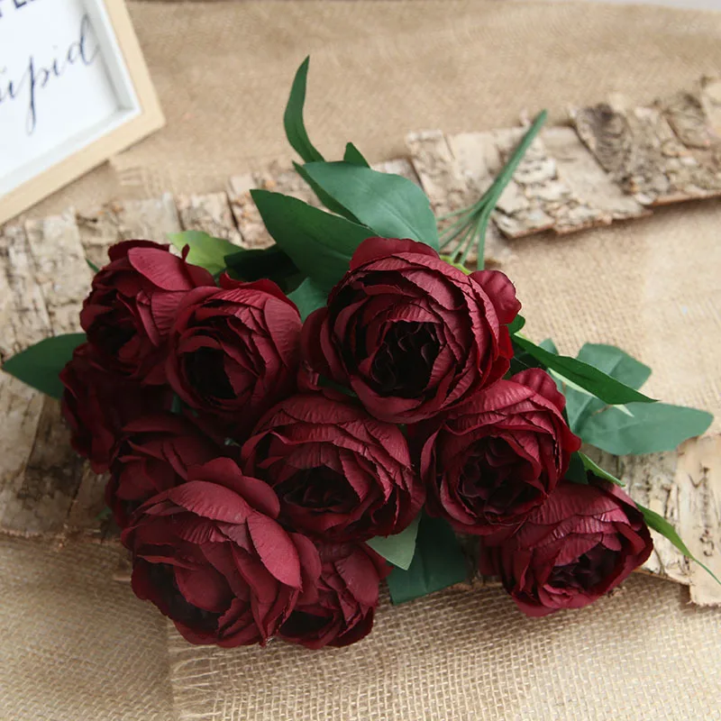 

10 Heads Artificial Silk Flowers Bouquet Popular Wedding Home Hotel Christmas Decoration Indoor RED Fake Peony Office Decor