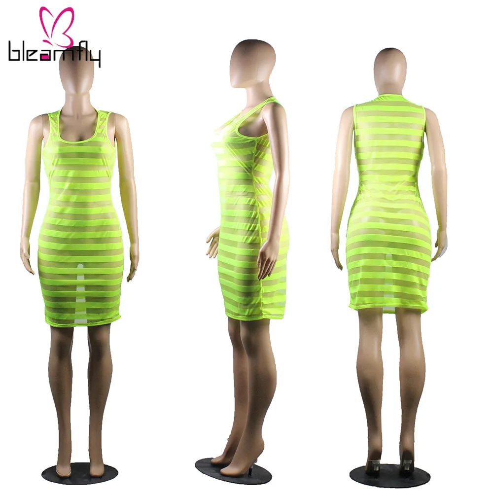 Неоново зеленое сексуальное платье для женщин летнее облегающее без рукавов с