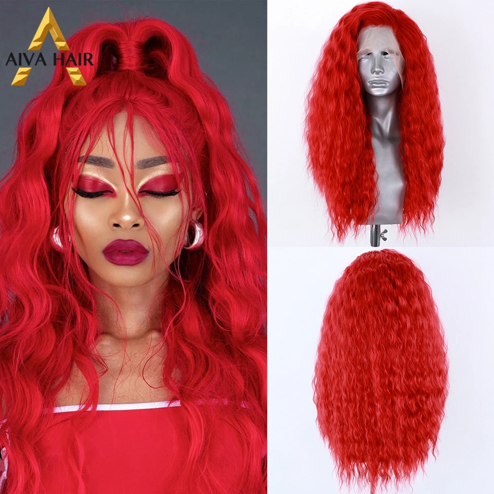 Aiva Red Wig Orange Synthetic Lace Wig Heat Resistant Hot Pink Synthetic Lace Front Wigs Ombre Curly Wig Cosplay Wigs For Women