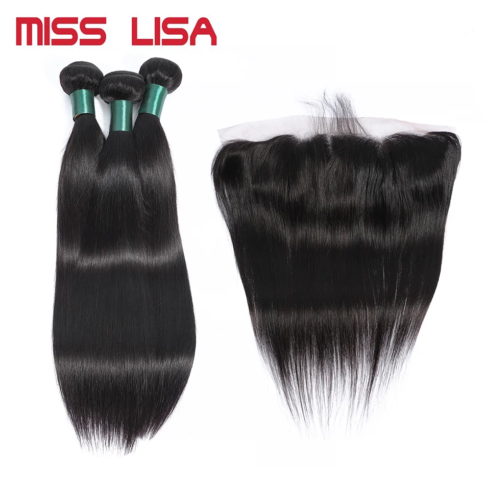 

Мисс Лиза прямые пряди с 13*4 Кружева Фронтальные-Реми Малайзии натуральные кудрявые пучки волос с фронтальной волосы для наращивания