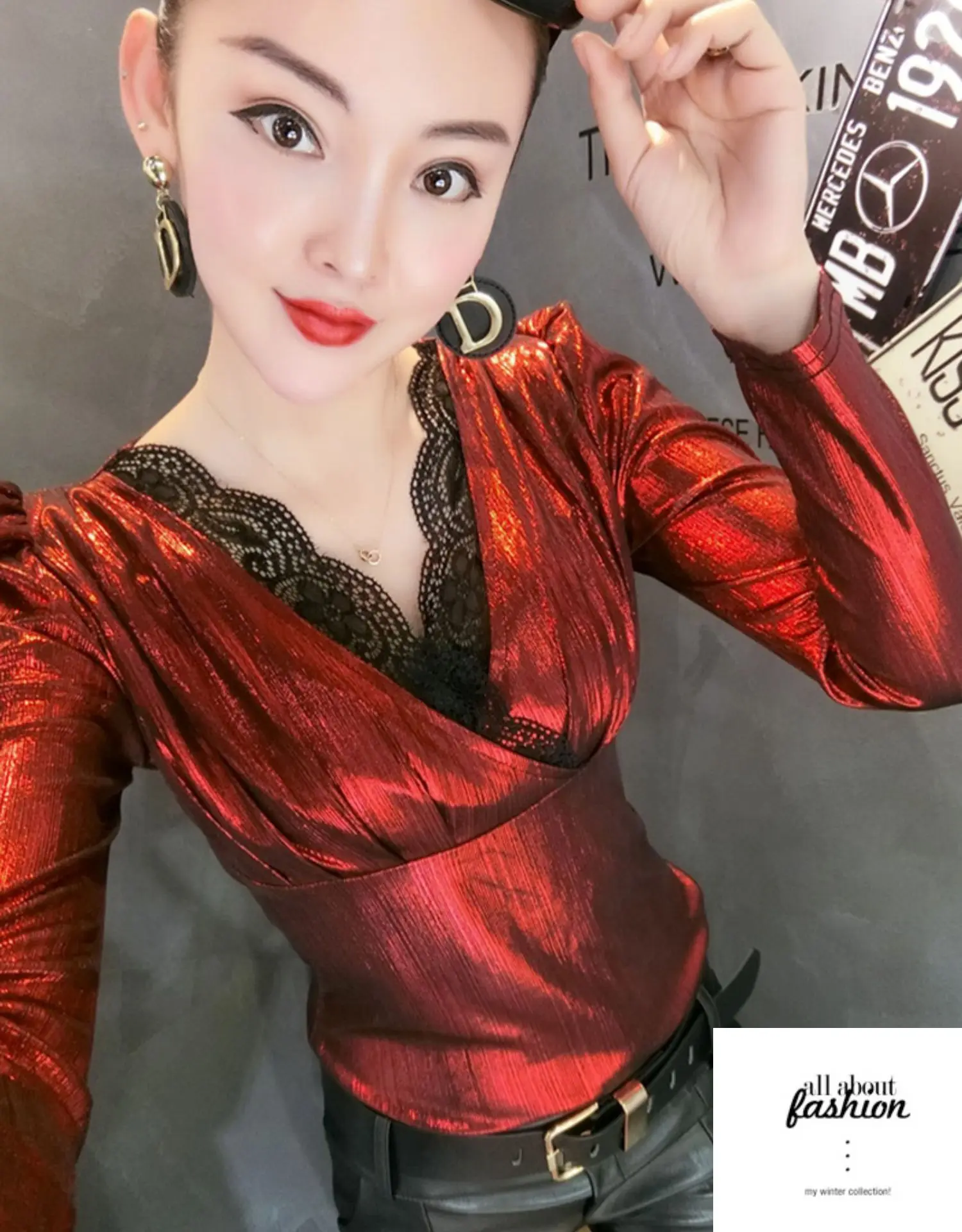 Женские блестящие Футболки с длинным рукавом и V образным вырезом модные