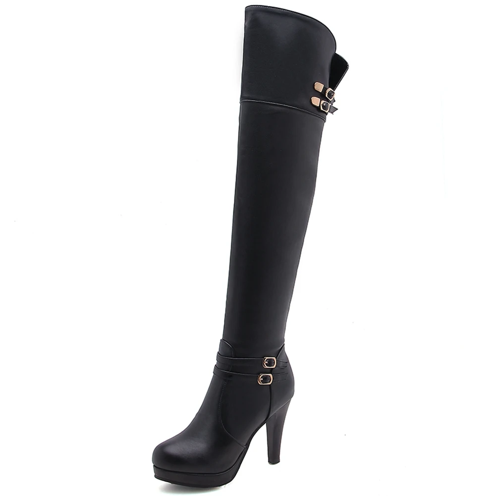 

DoraTasia Plus Size 32-48 Ladies Thigh High Boots Round Toe Zip Spike High Heels Over The Knee Boots Women Buckle Shoes Woman