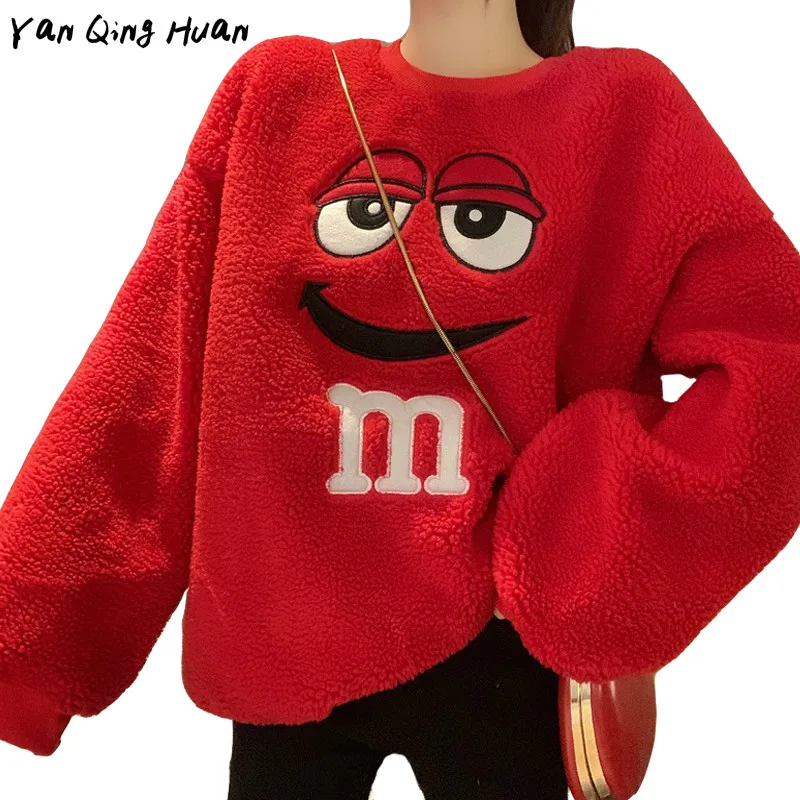 Женская толстовка с капюшоном и мехом ягненка зимняя Толстовка в стиле Харадзюку