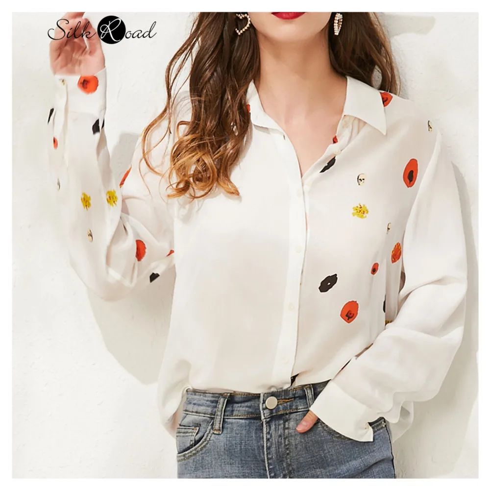 Silviye Elegant printed silk silk shirt women's Long Sleeve Silk Top westernized shirt small shirt blusas mujer de moda 2020