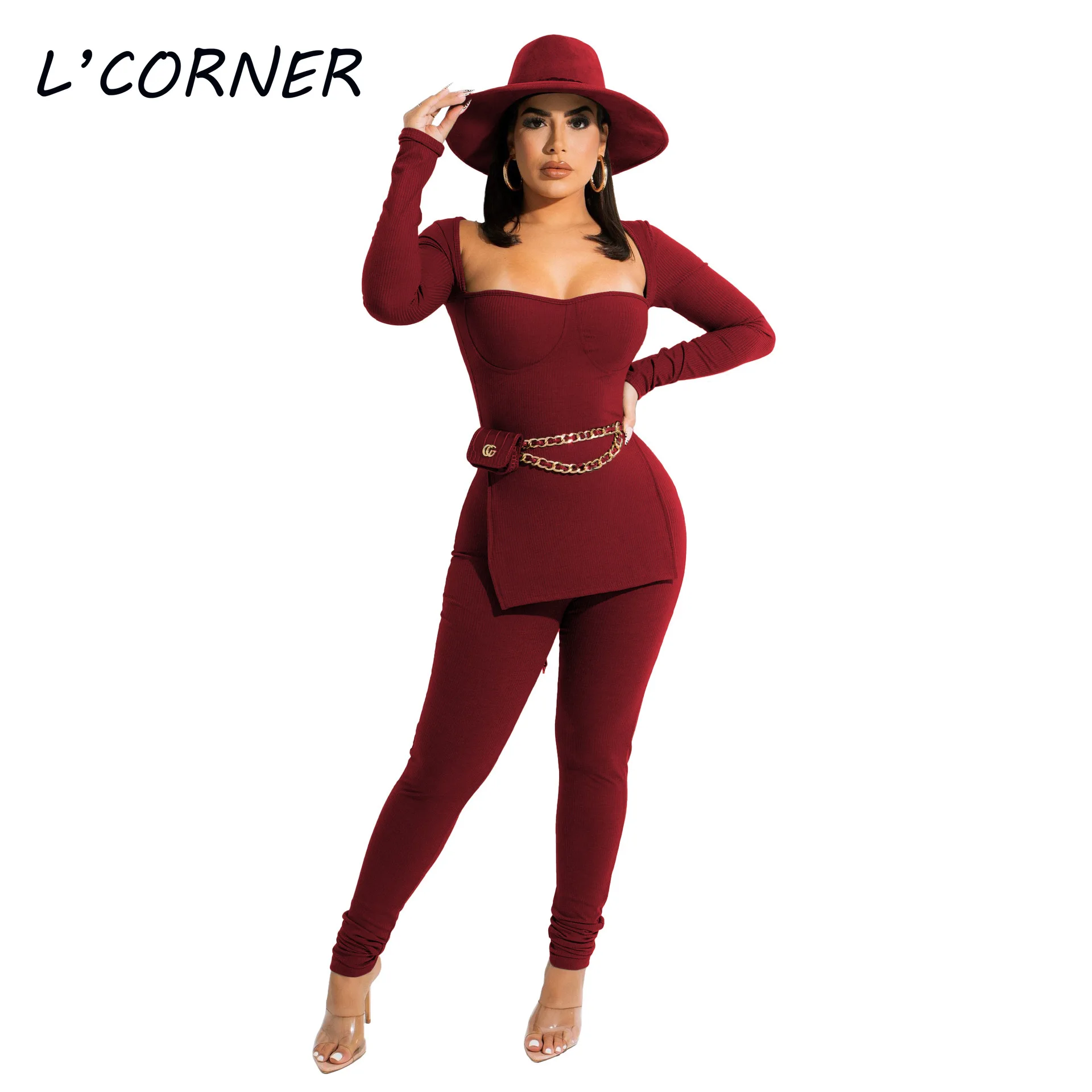 Women OutfitsTwo Piece Sets Sexy Square Neck Knitted Split Hem Sweater +pencil Pants 2pcs Office Lady Suits |