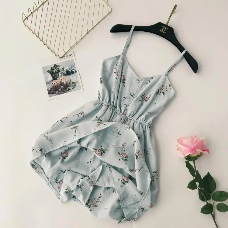 

2018 fashion Summer new Women Printed V-Neck Stretch High Waist Strap Dress