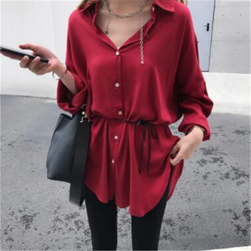 

Новинка весны, Женская однотонная одежда с лацканами, свободная рубашка в гонконгском стиле с длинным рукавом, модная классическая рубашка ...