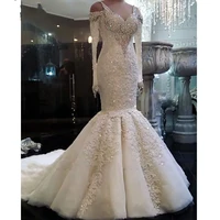elegant mermaid long sleeve wedding dresses luxury crystals lace bridal wedding gowns sweep train bride dress mariage