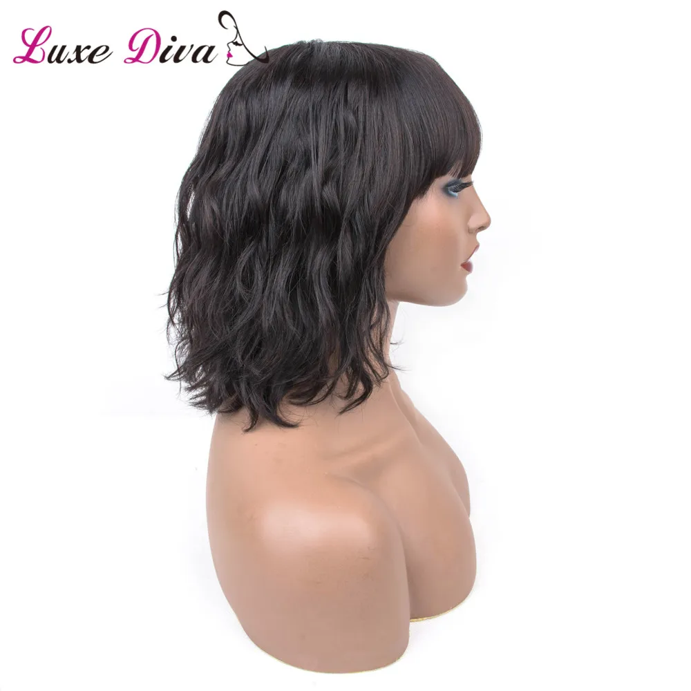 

Luxediva Short Human Hair Bob Wig With Bangs For Black Women Remy Malaysia Bob Wig with Bangs Loose Body Wave Wig Natural Curl